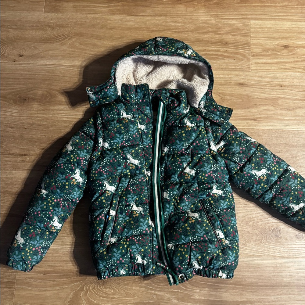 Boden Kids Floral Puffer Jacket - Green and Light Blue